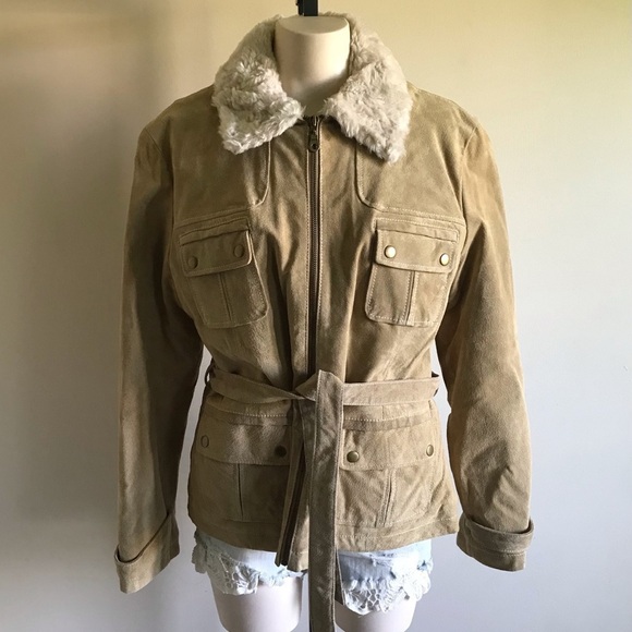 Vintage Jackets & Blazers - Vintage Wilson’s Leather Suede Leather Bomber Utility Jacket Zip Up Belted Tan